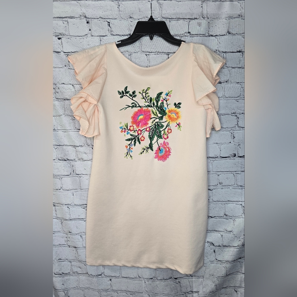 Zara Floral Embroidered‎ Light Peach Ruffle Sleeve Shift Dress Size Small
